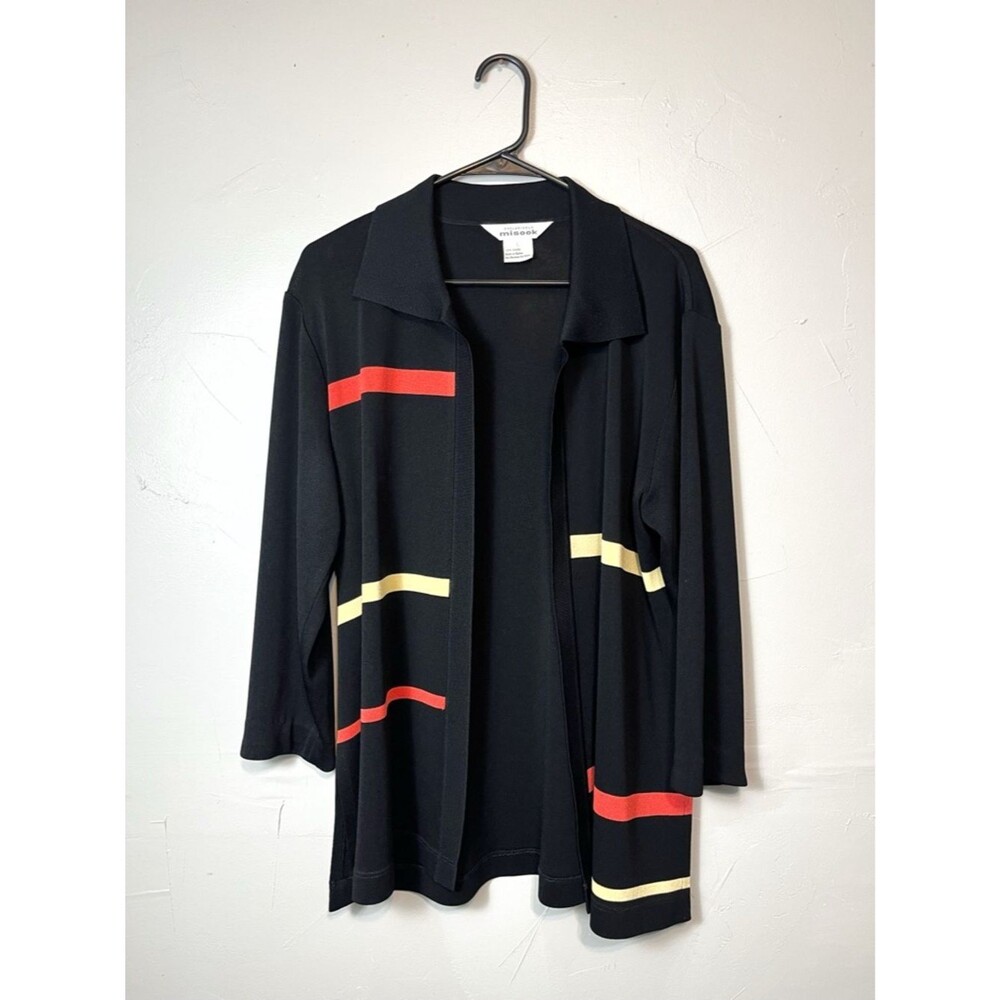 Misook Exclusively Misook Black + Red & Yellow Striped Open Cardigan Size Large